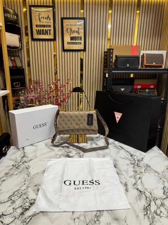 Guess Noelle Crossbody Flap Bag With Box And Dust Bag Including Carry Bag (Khaki)