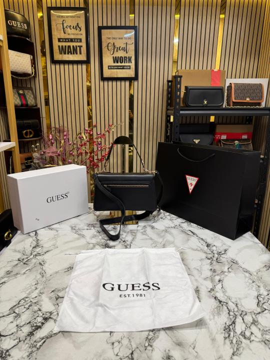 Guess Noelle Crossbody Flap Bag With Box And Dust Bag Including Carry Bag (Black)