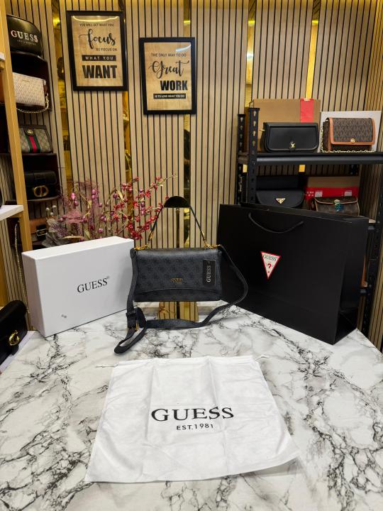 Guess Noelle Crossbody Flap Bag With Box And Dust Bag Including Carry Bag (Black Black)