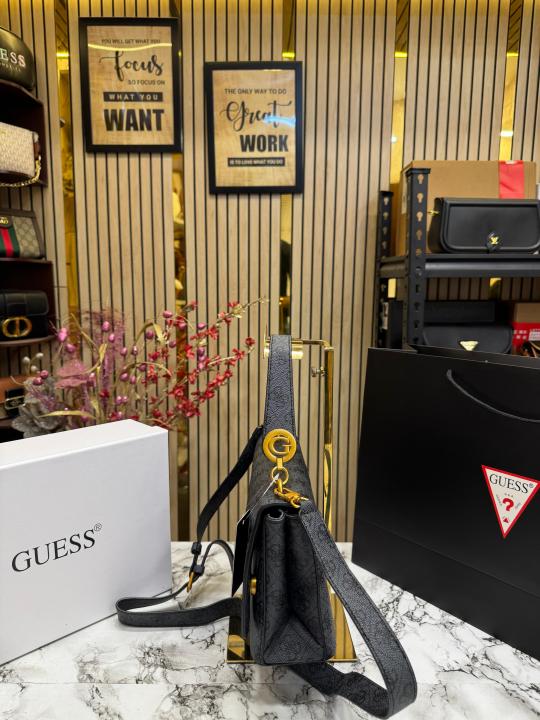 Guess Noelle Crossbody Flap Bag With Box And Dust Bag Including Carry Bag (Black Black)