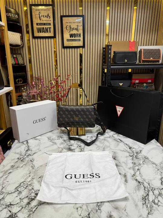 Guess Noelle Crossbody Flap Bag With Box And Dust Bag Including Carry Bag (Brown)