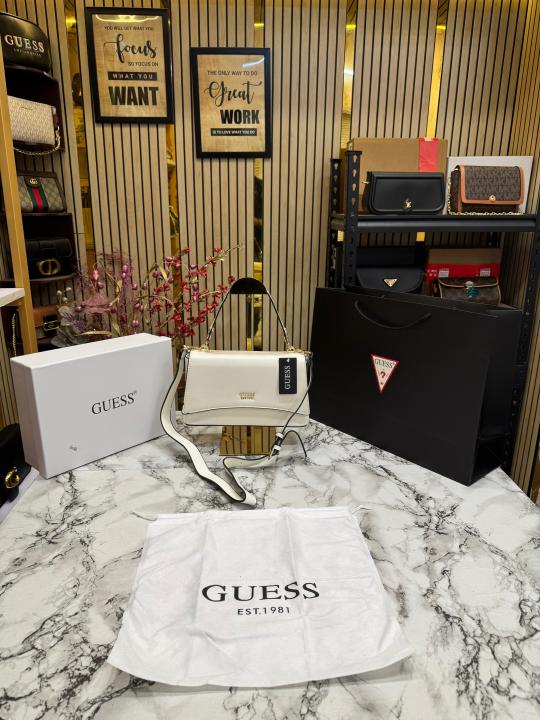 Guess Noelle Crossbody Flap Bag With Box And Dust Bag Including Carry Bag (White)