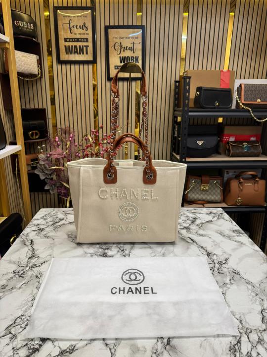 Chane l Deauville Tote Canvas with Pearl Logo Handbag With Dust Bag (Beige)