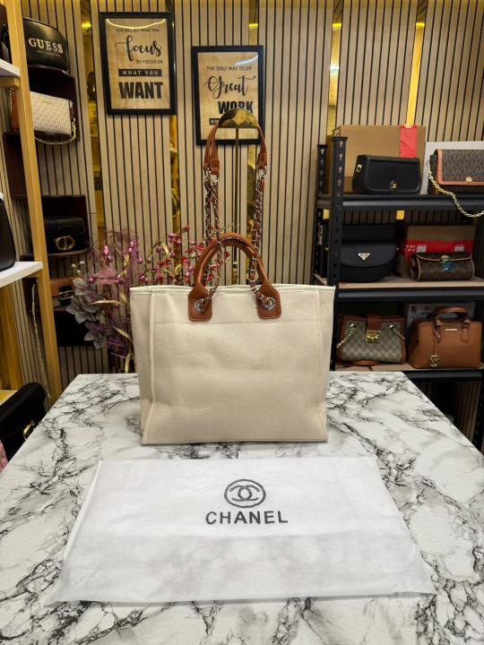 Chane l Deauville Tote Canvas with Pearl Logo Handbag With Dust Bag (Beige)
