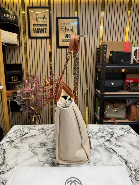 Chane l Deauville Tote Canvas with Pearl Logo Handbag With Dust Bag (Beige)