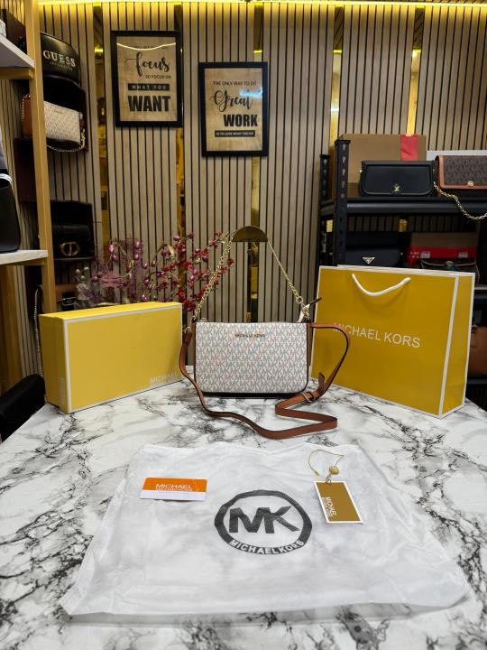 Michael Kors Signature Pvc Shoulder Bag With Box And Dust Bag Including Carry Bag (Beige)