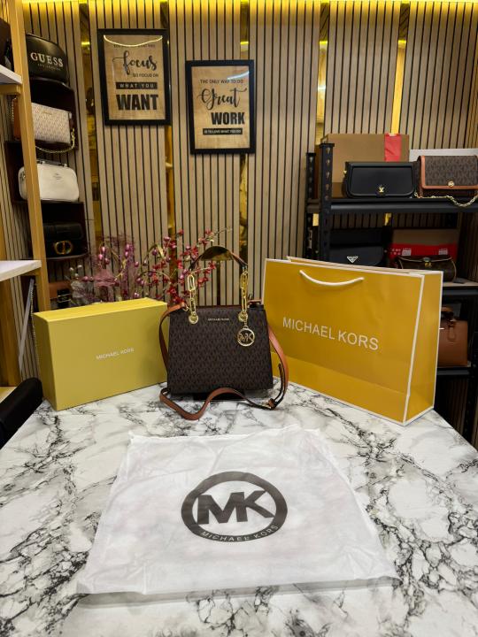 Michael Kors Cynthia Signature Logo Satchel Bag With Box And Dust Bag Including Carry Bag (Brown)