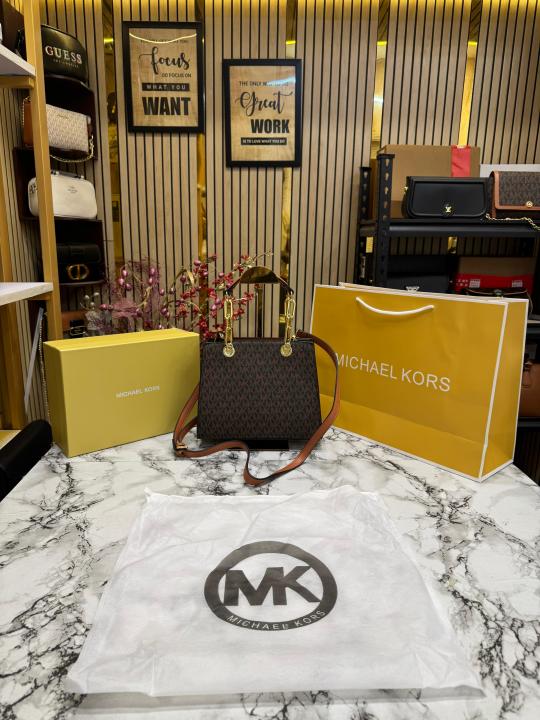 Michael Kors Cynthia Signature Logo Satchel Bag With Box And Dust Bag Including Carry Bag (Brown)