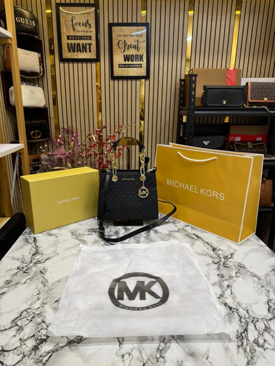 Michael Kors Cynthia Signature Logo Satchel Bag With Box And Dust Bag Including Carry Bag (Black)