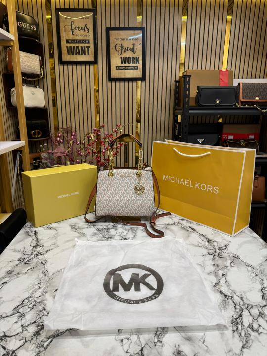 Michael Kors Cynthia Signature Logo Satchel Bag With Box And Dust Bag Including Carry Bag (Beige)