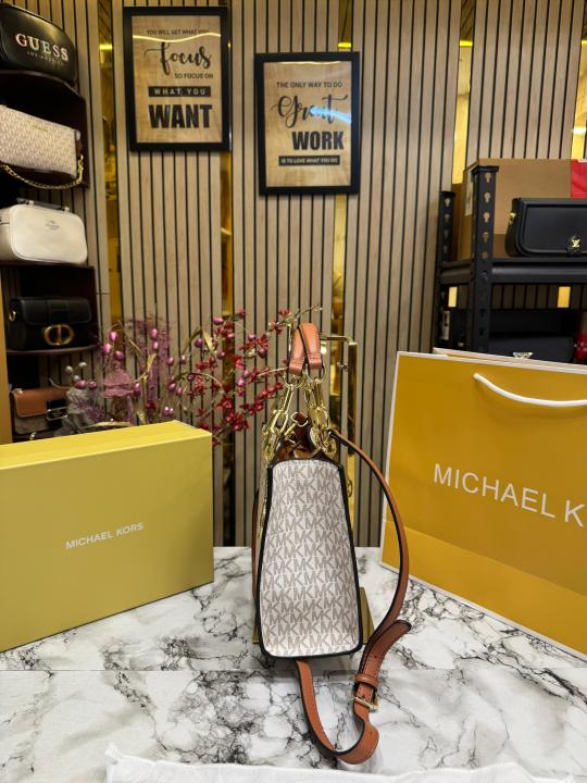 Michael Kors Cynthia Signature Logo Satchel Bag With Box And Dust Bag Including Carry Bag (Beige)