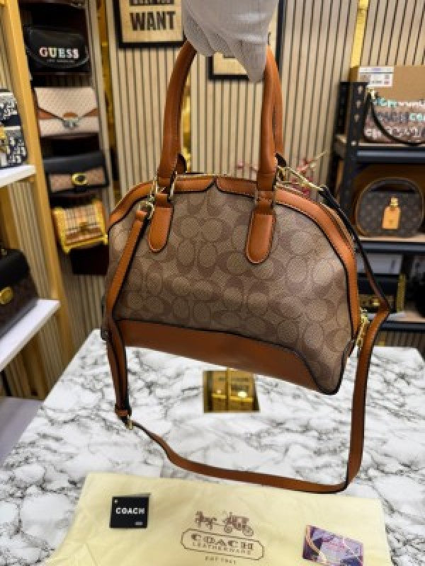 Coach Signature Alma Domed Satchel With Dusty Bag And Card (C502 Apricot Brown)