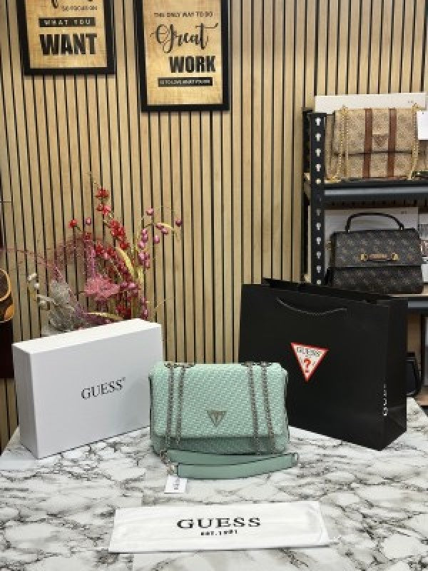 GUESS CESSILY LEATHER WEAVING SHOULDER BAG WITH OG BOX AND DUST BAG AND CARRY BAG (LIGHT GREEN)