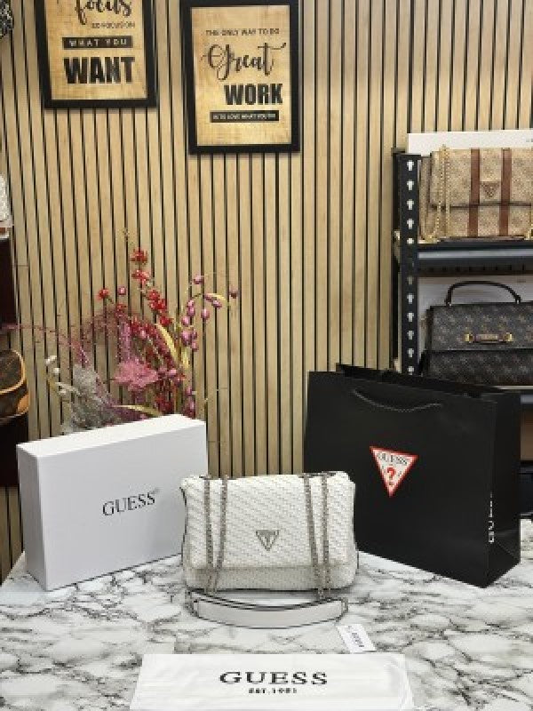 GUESS CESSILY LEATHER WEAVING SHOULDER BAG WITH OG BOX AND DUST BAG AND CARRY BAG (WHITE)