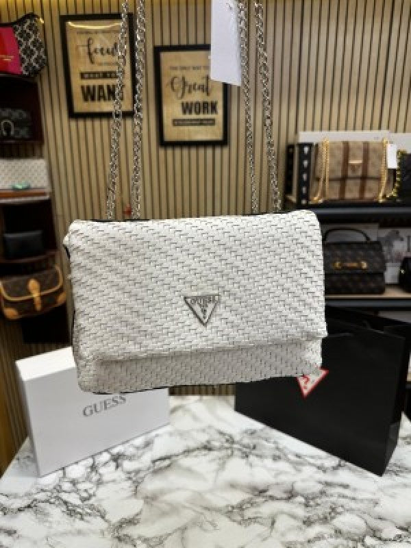 GUESS CESSILY LEATHER WEAVING SHOULDER BAG WITH OG BOX AND DUST BAG AND CARRY BAG (WHITE)