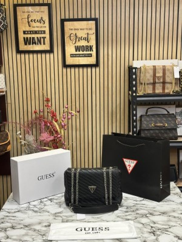 GUESS CESSILY LEATHER WEAVING SHOULDER BAG WITH OG BOX AND DUST BAG AND CARRY BAG (BLACK)