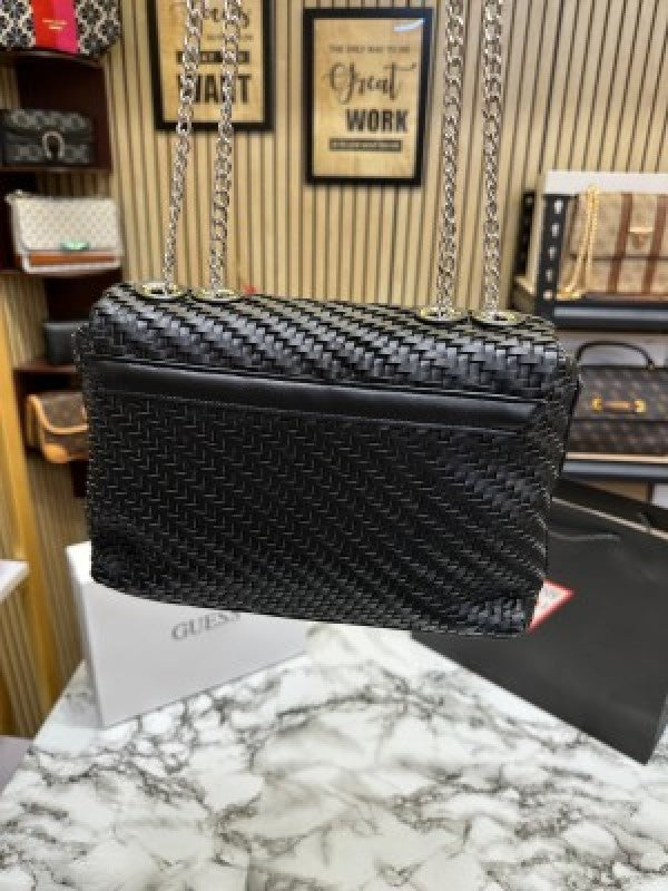 GUESS CESSILY LEATHER WEAVING SHOULDER BAG WITH OG BOX AND DUST BAG AND CARRY BAG (BLACK)