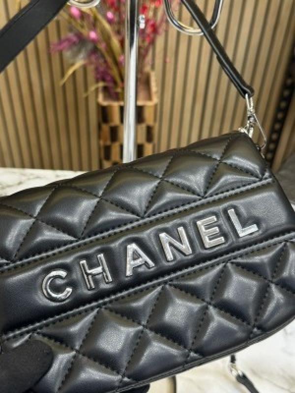 CHANE L CC WOMENS FLAP LAMBSKIN SHOULDER BAG WITH OG BOX AND DUST BAG PREMIUM QUALITY (BLACK)