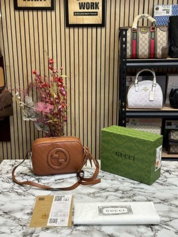 GUCC I SOHO LEATHER HANDBAG WITH OG BOX AND DUST BAG (BROWN) (S5)