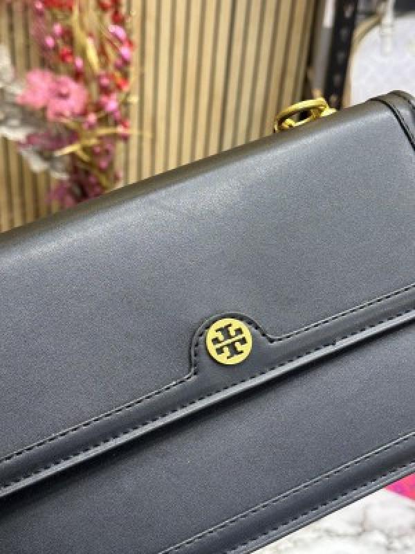 TOR Y BURCH T MONOGRAM JACQUARD ADJUSTABLE STRAP WITH OG BOX DUST BAG (BLACK) DAMAGE BOX