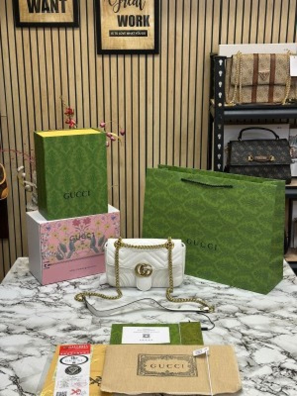 Gucci Gg Marmont Shoulder Bag With Double Box Carry Bag And Dust Bag (White)