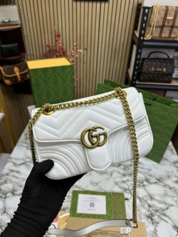 Gucci Gg Marmont Shoulder Bag With Double Box Carry Bag And Dust Bag (White)