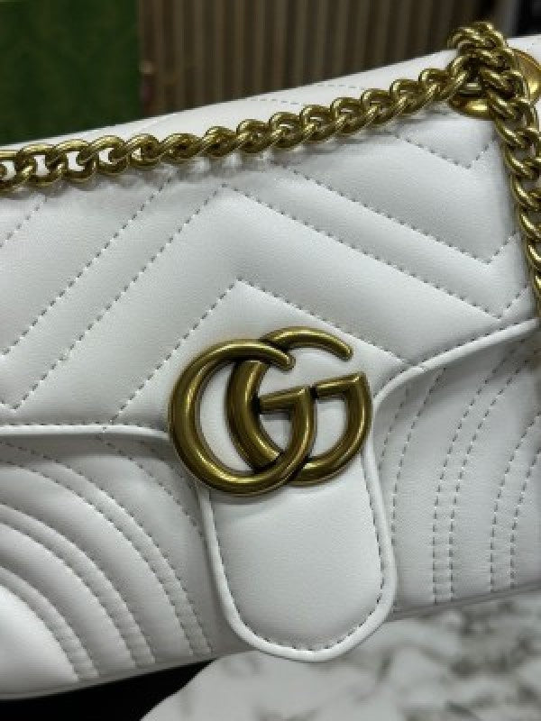 Gucci Gg Marmont Shoulder Bag With Double Box Carry Bag And Dust Bag (White)