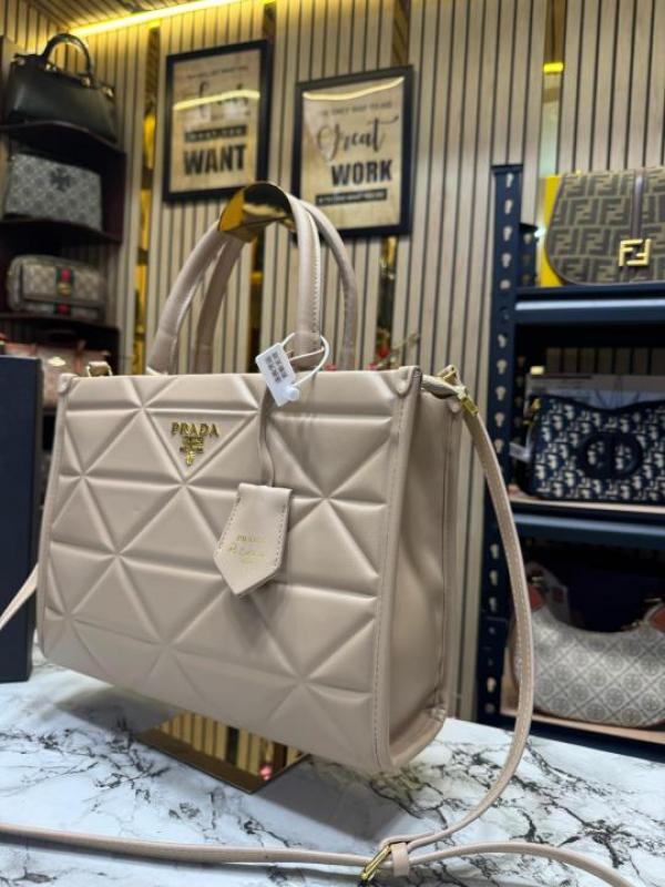 Prad  a Symbol Tote Bag With Box And Dust Bag (Khaki)