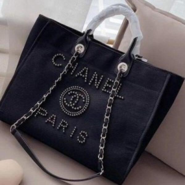 Chanel deauville pearl canvas tote bag black 220