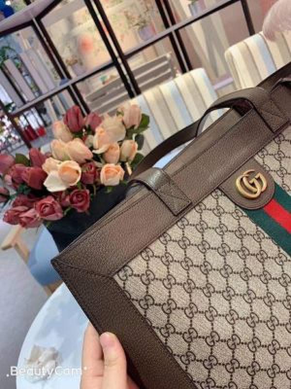 GUCCI CANVAS LEATHER TOTE BAG WITH POUCH 5159