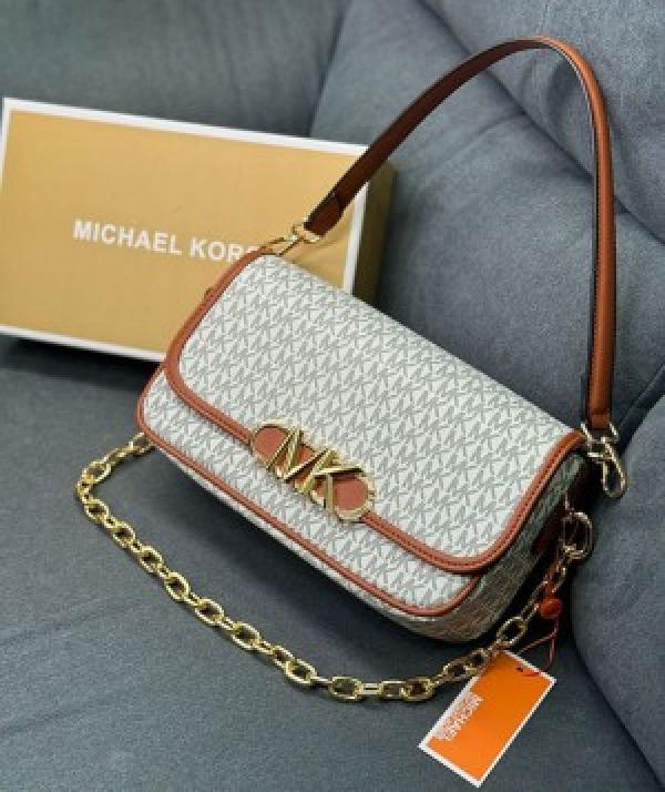 MICHAEL KORS MK PARKER LEATHER SHOULDER BAG WITH OG BOX AND DUST BAG WITH SHOULDER STRAP WITH CARRY BAG (BIEGE BROWN)