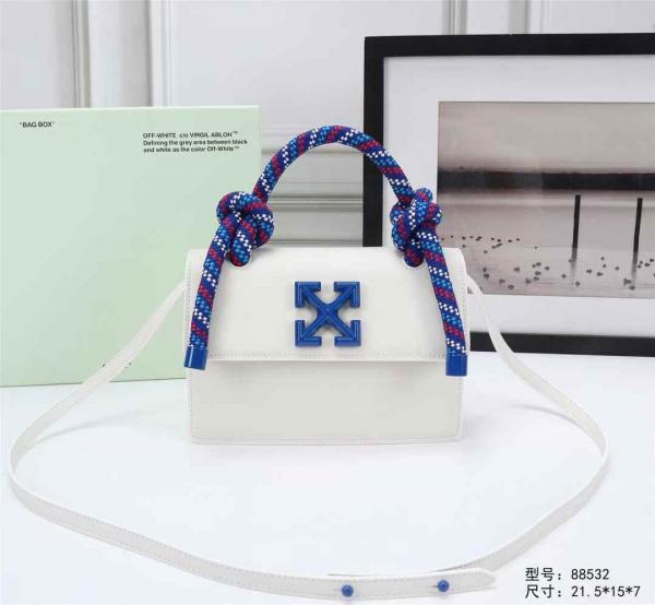 Off White Leather Insert Gummy white with Metallic Blue Arrows At Front. Rope Handle Jitney 1.4 Shoulder Bag (D88532 White)
