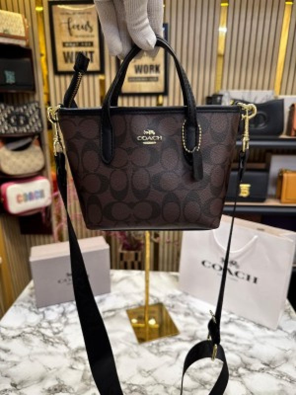 Coach City Mini Tote Bag In Signature Canvas With Box And Dust Bag Including CarryBag (Coffee Black)