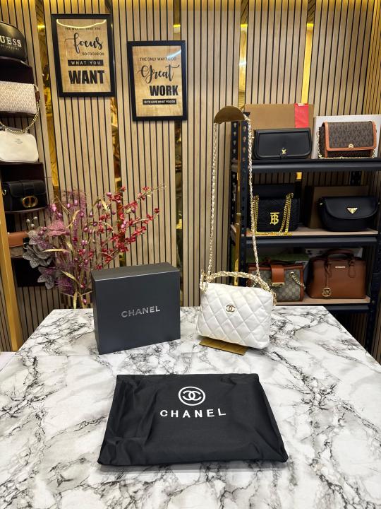 Chanel Cavior Quilted Crossbody Bag Gold Chain With Box And Dust Bag (White)