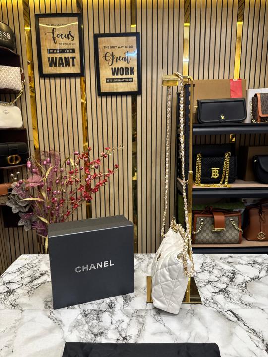 Chanel Cavior Quilted Crossbody Bag Gold Chain With Box And Dust Bag (White)