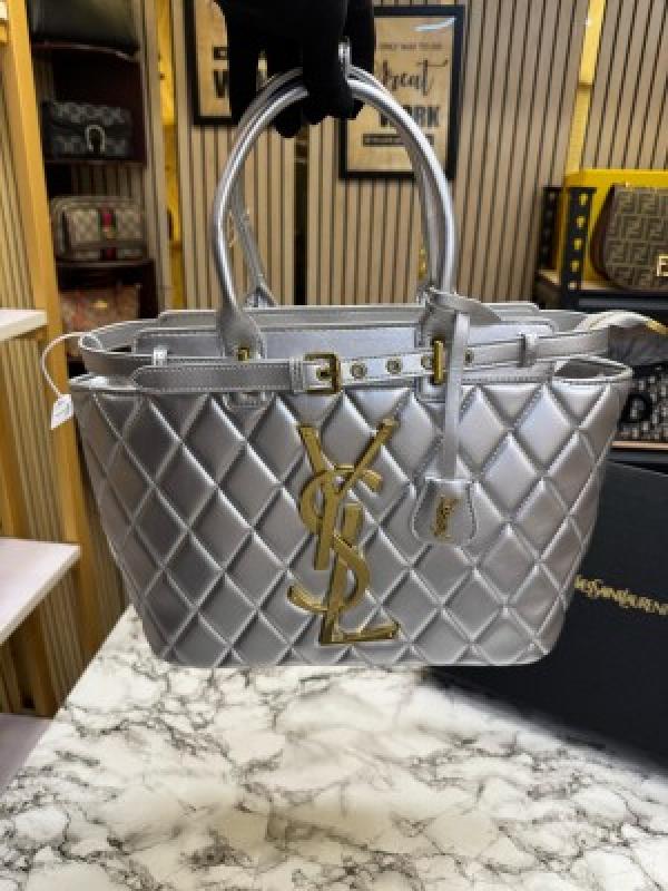 YSL Yves Saint Laurent Maxi Tote Bag With Box And Dust Bag (Silver)