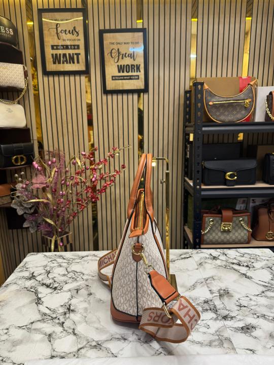 Michael Kors Logo Signature Satchel Handbag With Dust Bag (Beige)