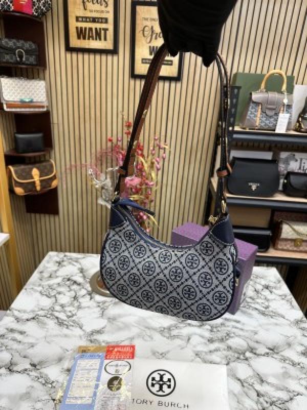 Tory Burch T Monogram Crescent Shoulder Bag (Blue)