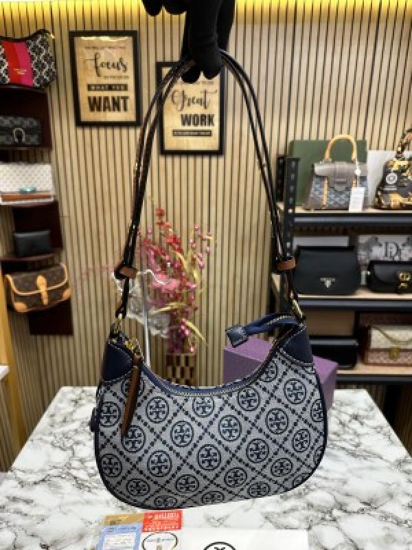 Tory Burch T Monogram Crescent Shoulder Bag (Blue)
