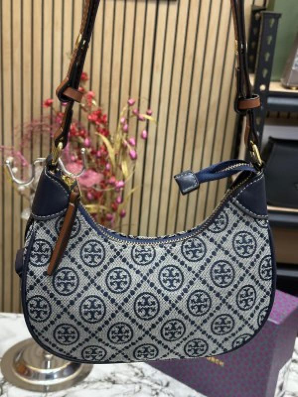 Tory Burch T Monogram Crescent Shoulder Bag (Blue)