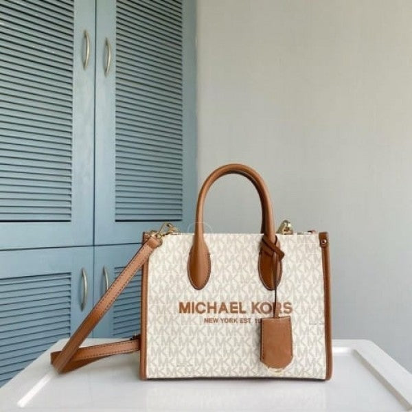 Michael kors mirella logo tote bag with dust bag and carry bag(22320biege brown
