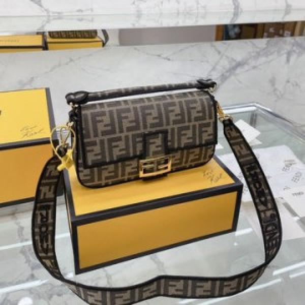 Fendi Baguette Jacquard FF fabric Bag Brown With box 679