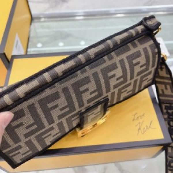 Fendi Baguette Jacquard FF fabric Bag Brown With box 679