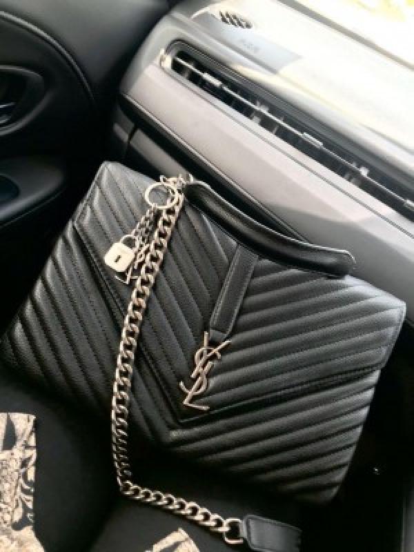 YSL SAINT LAURENT Grain De Poudre Matelasse Chevron Medium Monogram Satchel Black with box 536 (5246)
