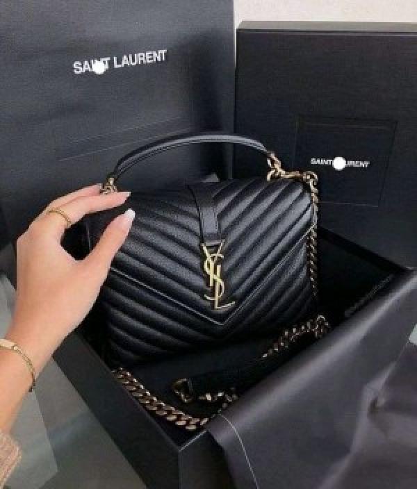 YSL SAINT LAURENT Grain De Poudre Matelasse Chevron Medium Monogram Satchel Black with box 536 (5246)