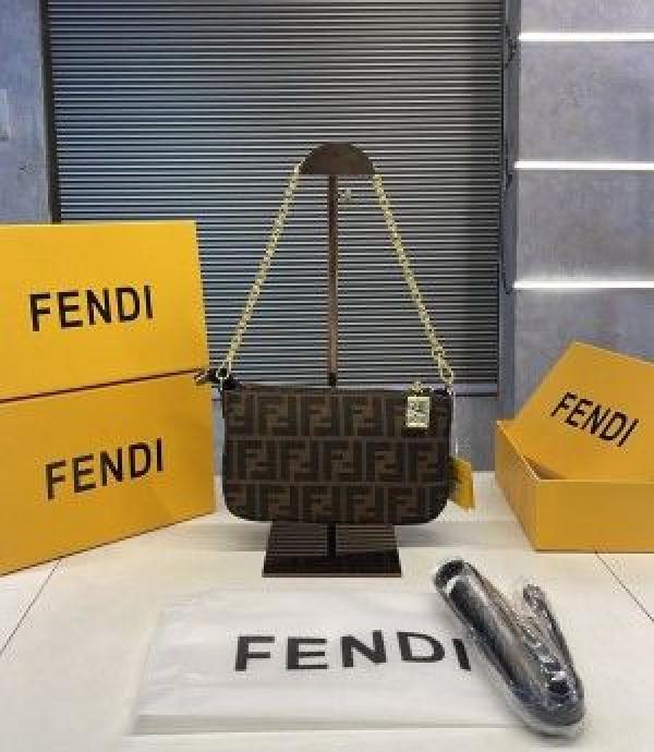 Fendi Baguette Jacquard FF fabric Bag Brown With box 5385