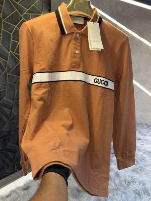 Gucci Light Brown Embroidery Logo Full Sleeve Premium Polo T-Shirt (1885)