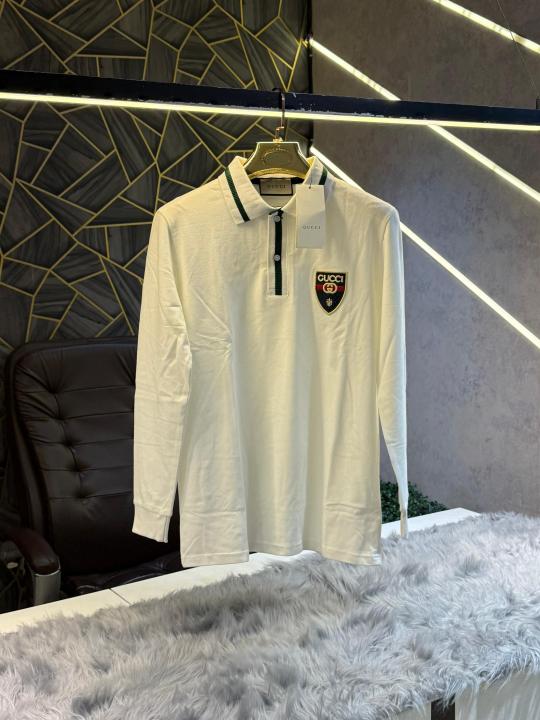 Gucci White Embroidery Logo Full Sleeve Premium Polo T-Shirt (1882)