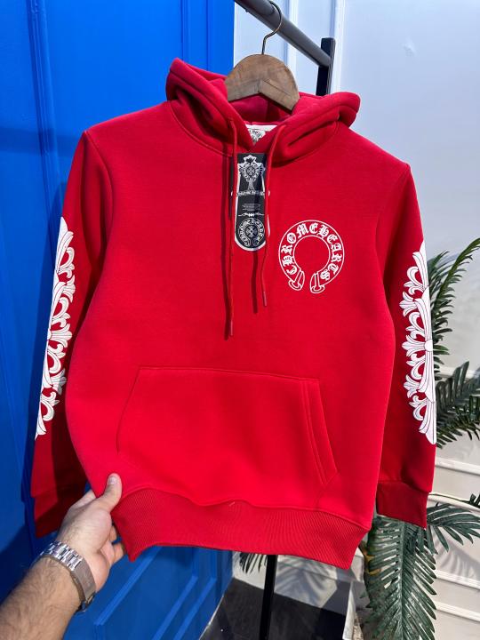Chrome Hearts Red Hoodie with Cross Sleeve Print