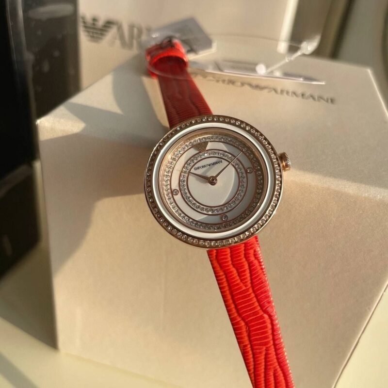 EMPORIO ARMANI TWO-HAND RED LEATHER WATCH